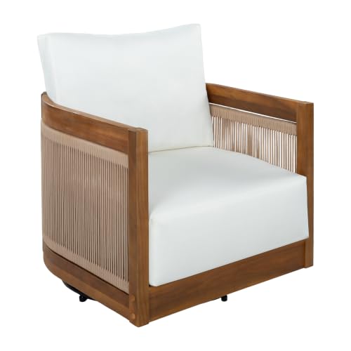 Christopher Knight Home Ayla 7-Seater Patio Furniture Set with Coffee Table, Set of 4 Outdoor Swivel Accent Chair and Sofa Set, 5 Piece Outdoor Acacia Wood Conversation Set with Cushion, Teak+Beige