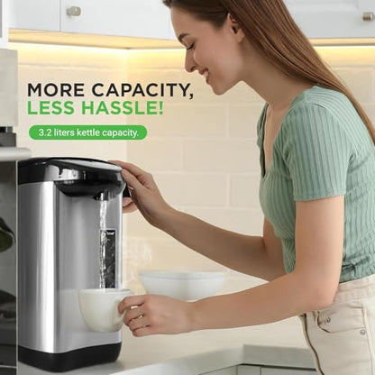 NutriChef Hot Water Urn Pot 3.38 QT, Insulated Stainless Steel Hot Water Dispenser & Boiler, Auto & Manual Dispense, Safety Lock, Electric Kettle