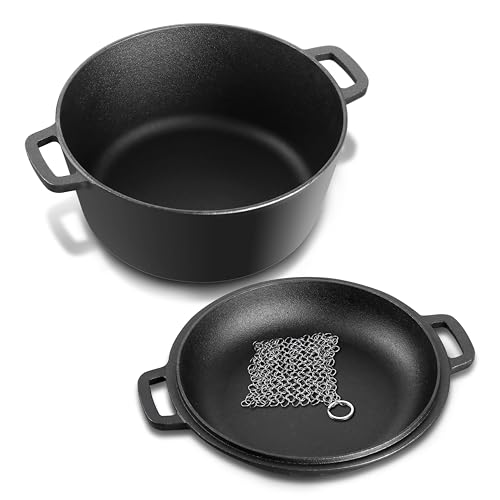 HaSteeL 5 Quart Cast Iron Dutch Oven, 2-In-1 Pre-seasoned Dutch Oven with Chain Mail, Ideal for Sourdough Bread Baking Cooking Stewing Frying Roasting, Camping, 5 QT Stock Pot & 2 QT Skillet Lid Pan