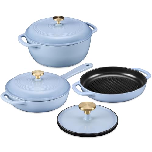 Best Choice Products Non-Stick Pot & Pan Cookware Set, Cast Iron, 2Qt Skillet W/Lid, 10" Grill Or Griddle Pan W/Press, 6Qt Enameled Dutch Oven, Non-toxic, For Cooking & Grilling - Cornflower