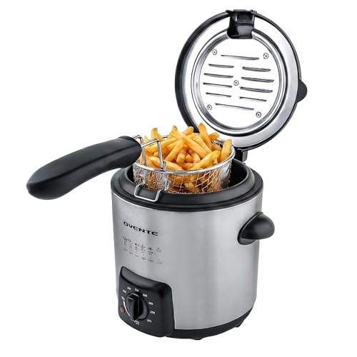 OVENTE Electric Deep Fryer 0.9L Capacity with Locking Lid, Adjustable Temperature Knob, Removable Frying Basket and Cool Touch Handle, 840W Power, Easy to Clean Stainless Steel Body, Silver FDM1091BR