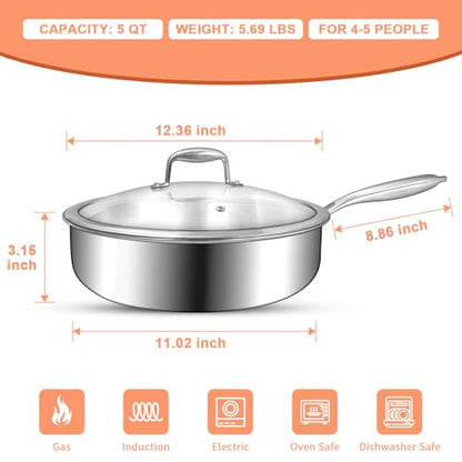 EWFEN 12 Inch Tri-Ply Stainless Steel Frying Pan, Compatible with All Cooktops Up to 600℉, Large Frying Pan with lids, Induction-Ready Skillet, Dishwasher and Oven Safe, Even Heat, 12" Saute Pan+Lid