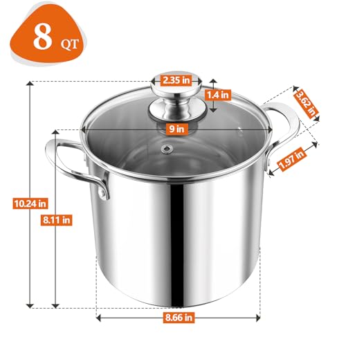 P&P CHEF 8 Quart Stainless Steel Stock Pot with Lid, Large Stockpot for Cooking Pasta Soup, Cookware for Induction Gas Electric Stoves, Visible Lid & Measuring Markings, Dishwasher Safe