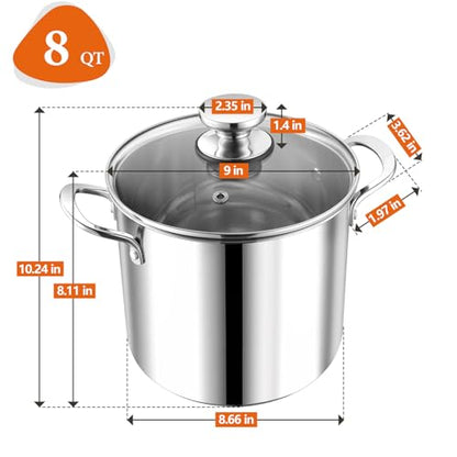 P&P CHEF 8 Quart Stainless Steel Stock Pot with Lid, Large Stockpot for Cooking Pasta Soup, Cookware for Induction Gas Electric Stoves, Visible Lid & Measuring Markings, Dishwasher Safe