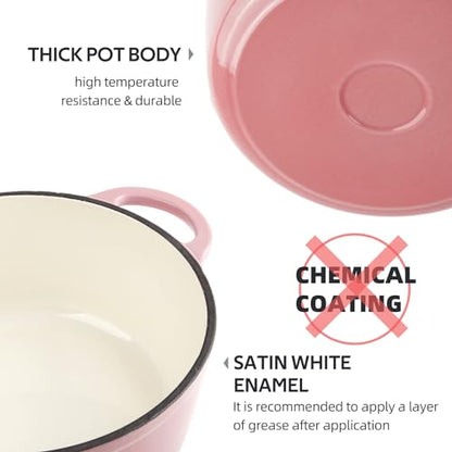 6 Quart Dutch Oven Enameled Cast Iron with Lid - Big Dual Handles - Oven Safe up to 500°F - Classic Round Pot for Versatile Cooking Pink