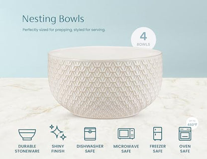 KooK Ceramic Mixing Bowls, Nesting Set of 4, Embossed Kitchen Dishware, Prep, Serving, Gift, Microwave and Dishwasher Safe, 20/44/98/145 oz, Narbonne Collection (Ivory)