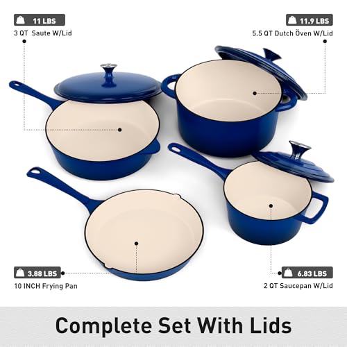 MAISON ARTS 7 Piece Enameled Cast Iron Cookware Set, Induction Dutch Oven Pot with Lid, Blue Non Toxic Pots and Pans set, PFOA-PFOS Free
