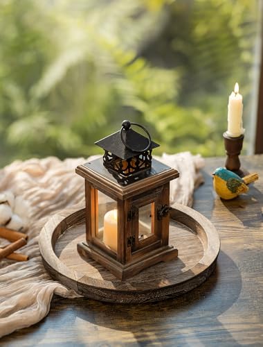Hanobe Candle Plate Holder Tray: Round Wood Decorative Candle Plate - Rustic Farmhouse CoffeeTable Decor - Tealight Pillar Trays for Home Decor (Distressed)