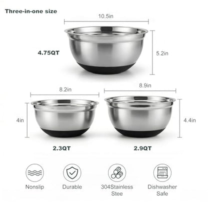 Koocovel 3-Piece Metal Mixing Bowls Set – 2.3/2.9/4.75 Qt Stainless Steel Prep Bowls with Non-Slip Silicone Base, Nesting Design & Dishwasher Safe for Baking, Meal Prep, Salad Serving & Food Storage