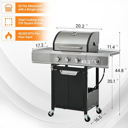 Endark 3-burner Propane Grill with a Side Burner and Grill Cover, 40,500 BTU, Stainless Steel BBQ Grill with Thermometer,Wheels, Enameled Cast Iron Grate Gas Grill, Perfect for Patio,Garden Cooking
