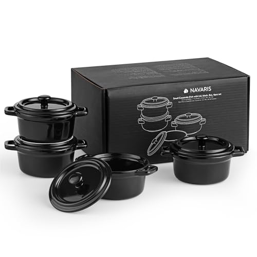 Navaris Small Casserole Dish with Lid - Oven Proof Dishes - Mini Cocotte Casseroles Easy Clean - Mini Dutch Oven Pot with Lid - Set of 4-8 oz (237 ml) - Black