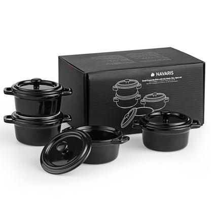 Navaris Small Casserole Dish with Lid - Oven Proof Dishes - Mini Cocotte Casseroles Easy Clean - Mini Dutch Oven Pot with Lid - Set of 4-8 oz (237 ml) - Black
