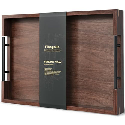 Fibogollo Walnut Wood Serving Tray with Metal Handles,17x12in Ottoman Decorative Trays Platter for Coffee Table,Living Room,Bar(Large)