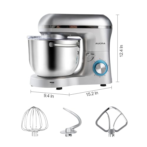 Aucma Stand Mixer,6.5-QT 660W 6-Speed Tilt-Head Food Mixer, Kitchen Electric Mixer with Dough Hook, Wire Whip & Beater (Silver, 6.5QT)