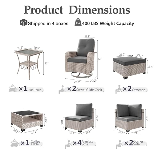 SnugVista Patio Furniture Set, 12-Piece Outdoor Sectional Sofa with Swivel Rocker Chairs & Ottomans, Wicker Patio Conversation Set with Coffee Table, Gray Cushions