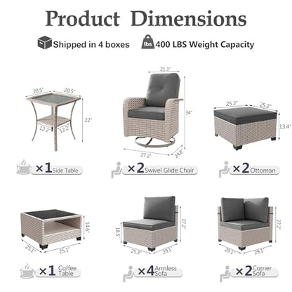 SnugVista Patio Furniture Set, 12-Piece Outdoor Sectional Sofa with Swivel Rocker Chairs & Ottomans, Wicker Patio Conversation Set with Coffee Table, Gray Cushions