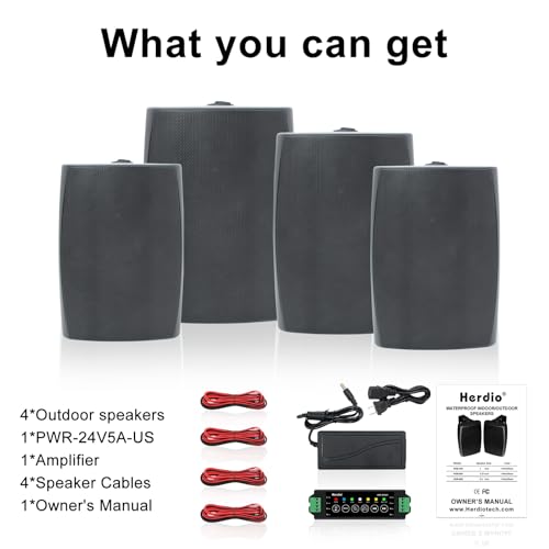 Herdio 6.5 Inch 800W Outdoor Bluetooth Speakers Wired Waterproof with Multifunctional Amplifier, Wall Mount Speaker System for Patio Home Poolside Deck Backyard(2 Pairs,Black)