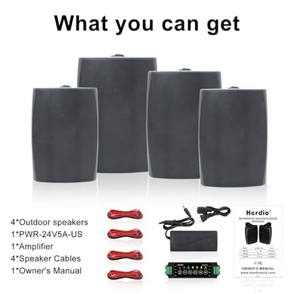 Herdio 6.5 Inch 800W Outdoor Bluetooth Speakers Wired Waterproof with Multifunctional Amplifier, Wall Mount Speaker System for Patio Home Poolside Deck Backyard(2 Pairs,Black)
