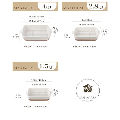 MALACASA Casserole Dishes for Oven with Roasting Racks, Ceramic Baking Dishes Set of 3, Baking Pan Casserole Dish Set, Rectangular Lasagna Pan Deep with Handles for Baking, Khaki White (14.5''/13''/10.5''), Series TARA
