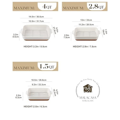 MALACASA Casserole Dishes for Oven with Roasting Racks, Ceramic Baking Dishes Set of 3, Baking Pan Casserole Dish Set, Rectangular Lasagna Pan Deep with Handles for Baking, Khaki White (14.5''/13''/10.5''), Series TARA