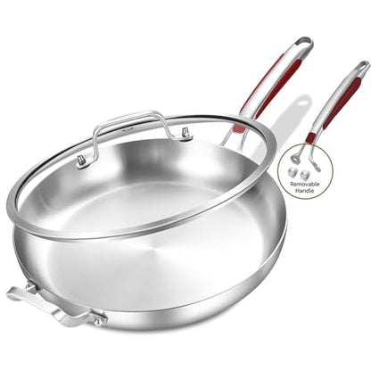 Inqibee 13-Inch Tri-Ply Stainless Steel Frying Pan with Lid and Helper Handle,Skillet,Induction Cooking Pan,Heavy Duty and Detachable Handle.