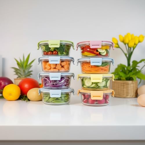 B.GUBOBOYA 12OZ Round Glass Food Storage Containers With Lids, 1.5 Cup Round Meal Prep Containers with Lid BPA-Free, Small Glass Food Bowl for Soup Leftover, Microwave, Dishwasher, Freezer Safe-4 Pack