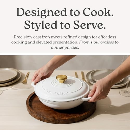 ROSSALLINI Signature Enameled Cast Iron Braiser, Non-Stick Serving Pot with Tight Fitting Lid for Perfect Roasting, Baking, Sauteing, Searing, and Pan Frying | 2.25Q (2.1L) - White