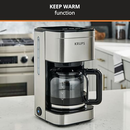KRUPS Coffee Maker 10 Cups Simply Brew Stainless Steel Drip Coffee Maker, 900 Watts Coffee Filter, Drip Free, Dishwasher Safe Pot , Black & Silver