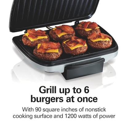 Hamilton Beach Electric Indoor Grill, 6-Serving, Large 90 sq. in. Nonstick Easy Clean Plates, Floating Hinge for Thicker Foods, 1200 Watts, 6.38"D x 12.68"W x 13.78"H , Silver (25371)