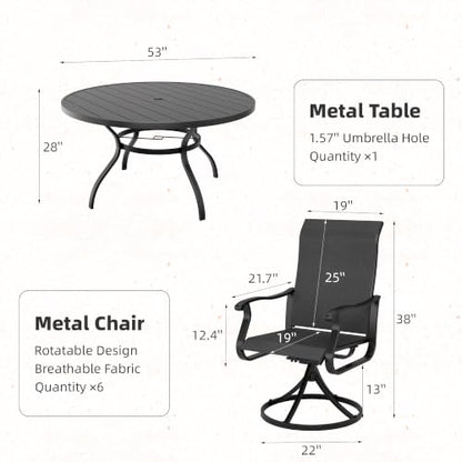 SUNCROWN 7-Piece Outdoor Patio Dining Set, All Weather Round Metal Table & 6 Black Swivel Textilene Mesh Chairs, Weather Resistant Patio Furniture for Deck Lawn Garden Backyard Poolside