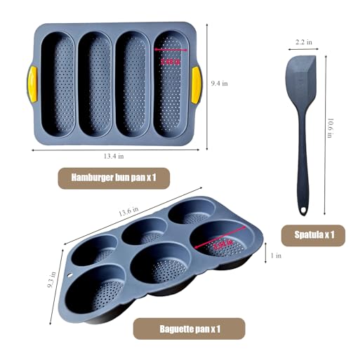 3 PCS Silicone Hamburger Bun Pan and Baguette Pan Set, Non-stick French Bread Baking Mold, 4 Wave French Bread Baking Tray,6 Cup Hamburger Bun Mold with Scraper for Homemade Bread Loaf Sandwich