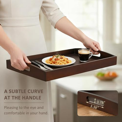 Bamboo Serving Tray with Handles, Set of 2 Wood Serving Trays for Food & Coffee, Elegant Wooden Tray for Breakfast in Bed, Kitchen & Party & Entertaining - Black Walnut Finish