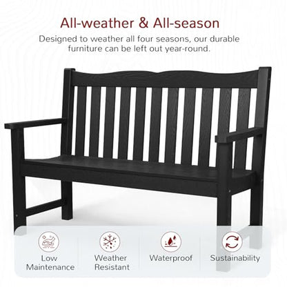 Stoog All-Weather 2-Person Outdoor Bench, 800 lbs Capacity HIPS Plastic Garden Bench for Patio, Backyard, Porch and Park, Never Fades & Rust-Proof, Black