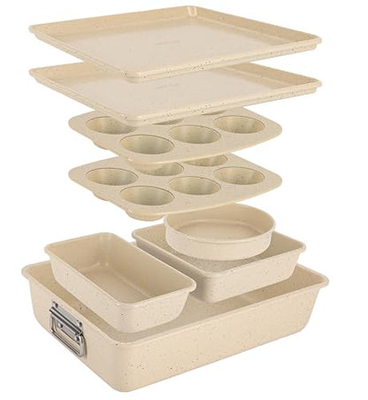 NutriChef 8-Piece Stackable Bakeware Set | Carbon Steel Non-Stick Baking Pan Set | Includes Sheet, Muffin, Round, Loaf, Square Cake & Deep Pans | No PFOA & PFOS | Oven Safe to 450 F | Marble Cream