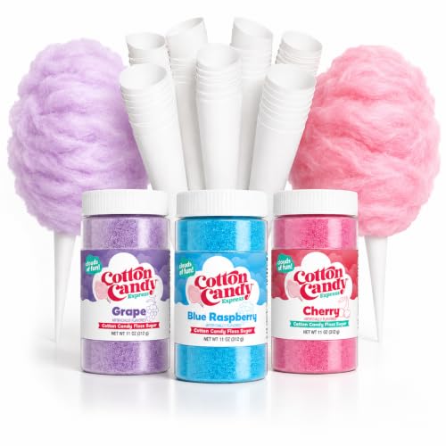 Cotton Candy Express Floss Sugar Variety Pack with 3 - 11oz Plastic Jars of Cherry, Blue Raspberry & Grape Flossing Sugars Plus 50 Paper Cotton Candy Cones