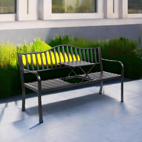 VINGLI 59" Outdoor Metal Bench Patio Bench with Built in Table Park Bench Garden Bench, Outside Benches Weather Proof Front Porch Bench for Yard Lawn Decor Deck