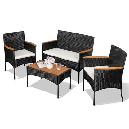 Shintenchi 4-Piece Patio Furniture Set, Outdoor Wicker Patio Conversation Furniture Set with Cushions and Wooden Tabletop for Paito Lawn Backyard Pool Garden, Black Rattan
