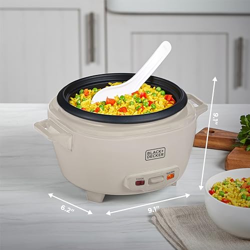 BLACK+DECKER 6-Cup Cooked (3 Cups Uncooked) Rice Cooker, Steaming Basket, Removable Nonstick Bowl, One-Touch Operation, Baked Stone