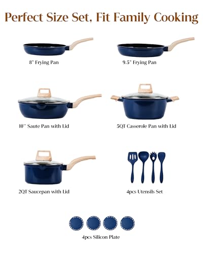 FDN 16Pcs Titanium Pots and Pans Set,Toxic-Free Cookware Set, Dishwasher & Oven Safe, Induction Compatible with Bakelite Wood Grain Handle, Compact and Durable