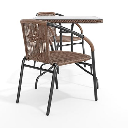 Flash Furniture Lila 3-Piece 28" Square Indoor/Outdoor Patio Table and Chairs Set, Glass Metal Bistro Table and 2 Stacking Rattan Chairs, Brown