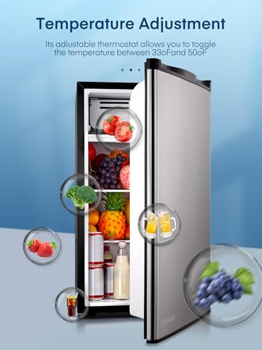 FOHERE 3.2 Cu. Ft Small Refrigerator with Freezer, Compact Mini Fridge with 7 Level Temperature Control, Removable Glass Shelves for Bedroom, Office, Dorm, Stainless Steel, BC-90U-E