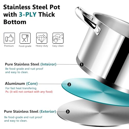 P&P CHEF 6 Quarts Cooking Stock Pot with Lid, Stainless Steel Stockpot Induction Pot for Soup, Tri-Ply Bottom & Clear Glass Lid & Double Handle, Dishwasher Safe