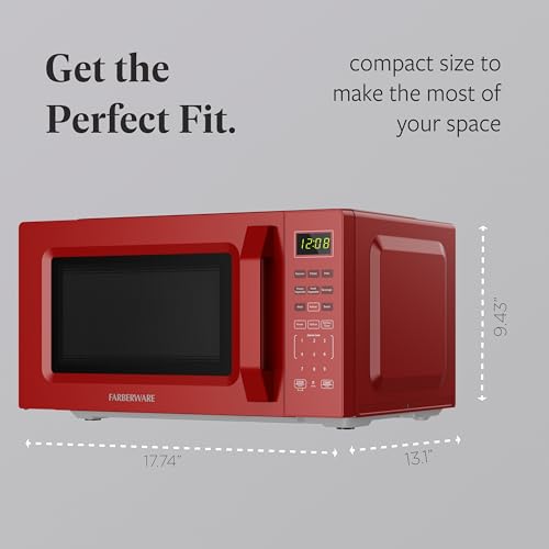 Farberware Countertop Microwave Oven, 700W, 0.7 Cu. Ft. Capacity, Compact Design with Turntable, Digital Display & Auto-Cook Functions, Red