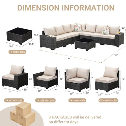 Jing's Villa 8-Piece Patio Furniture Set, All-Weather Outdoor Wicker Sectional Sofa with Cushions, Glass Table & Left and Right Armrest, Rattan Conversation Seating for Porch, Garden, Backyard,Beige