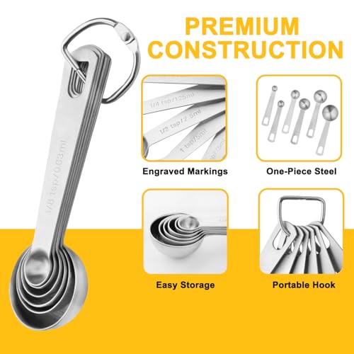 Stainless Steel Measuring Spoons Set, 6 Piece Metal Measuring Spoon Set for Dry & Liquid Ingredients, Heavy Duty 18/8 Steel with Engraved US & Metric Marks, Nesting Kitchen Spoons for Cooking Baking