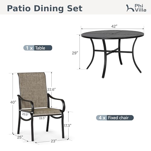 PHI VILLA 5 Pcs Patio Dining Set for 4, Round Metal Table & Mesh Chairs