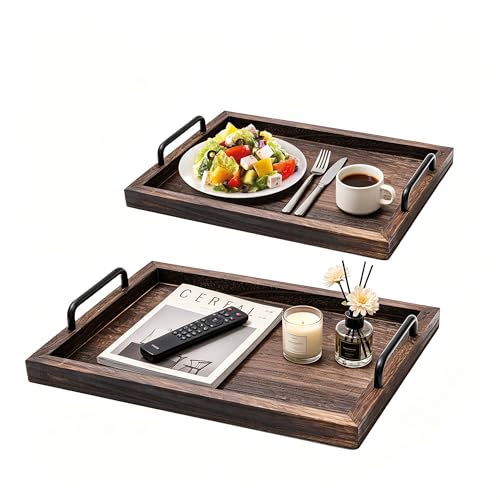 Kazozobi Lightweight Wood Serving Trays with Metal Handles, Set of 2 Nesting Wooden Ottoman Tray for Living Room, Farmhouse Wooden Trays for Decor, Breakfast, Dinner, Drinks, Coffee Table Tray, Brown