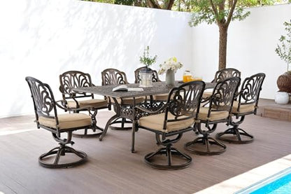 Ailismail 𝟗 𝐏𝐢𝐞𝐜𝐞 Outdoor Dining Set Cast Aluminum Furniture Set, Retro Patio Dining Set for 8 Includes 86.6’’ Table & 6 Swivel Chairs with Cushion and Umbrella Hole for Patio Deck Poolside