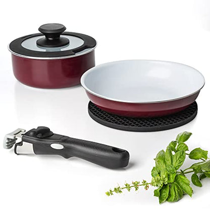 Moss & Stone Aluminum Pots And Pans Set Nonstick, Removable Handle Cookware, Stackable Pots And Pans Set, Dishwasher safe, Induction Pots And Pans, Camping Cookware Set (5 Pcs Burgandy)