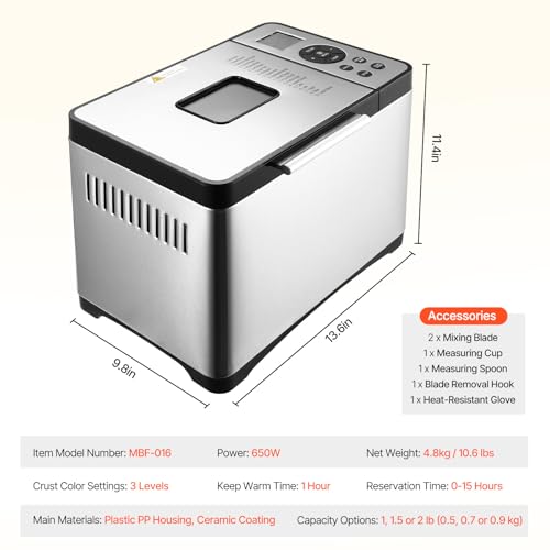 Happybuy Bread Maker, Dough Machine(19-in-1 2LB), Nonstick Ceramic Pan Automatic Breadmaker with Gluten Free Setting, Whole Wheat Bread Making, Digital, Programmable, 3 Loaf Sizes, 3 Crust Colors